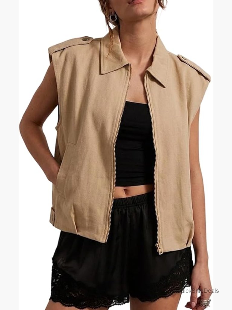 Women's Oversized Cargo Vest Sleeveless Zip Up Utility Jacket With Pockets